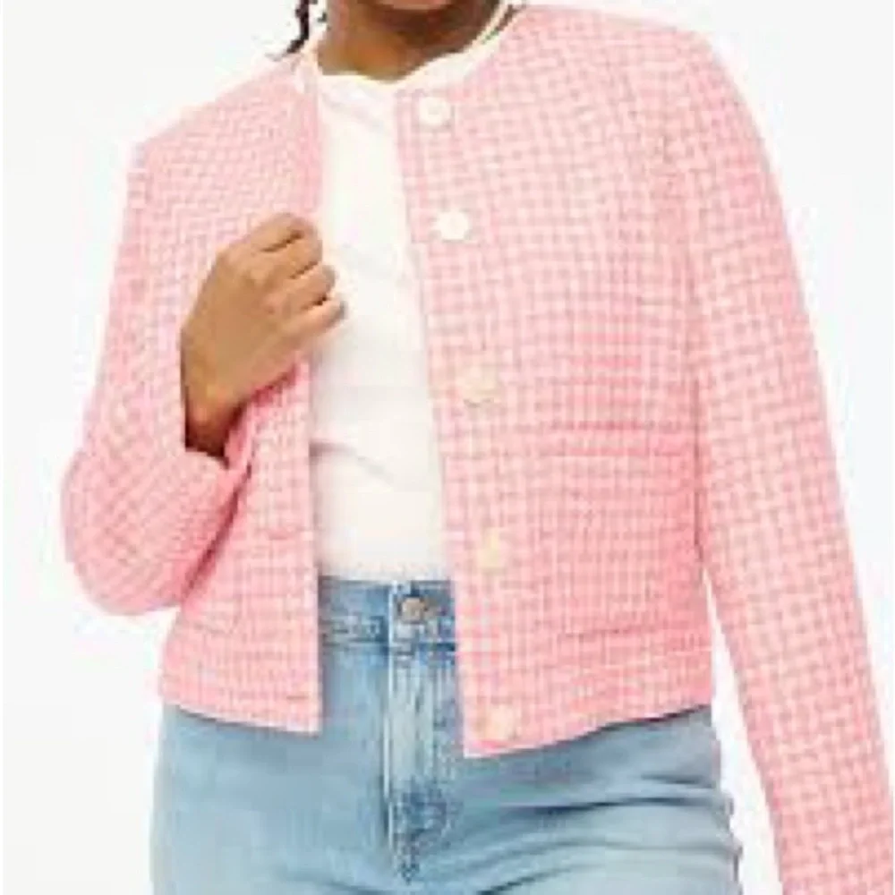 J. Crew Pink Houndstooth Cropped Button Jacket - Picture 2 of 4